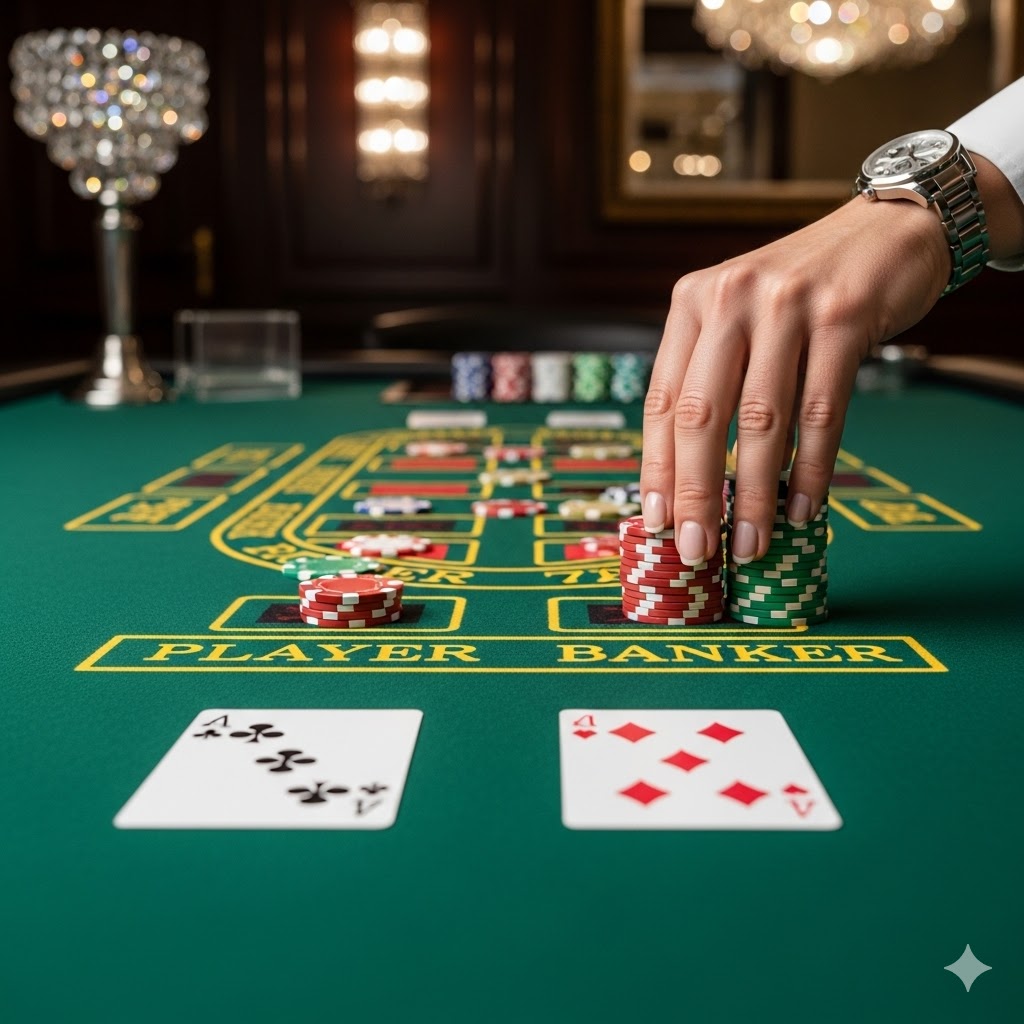 Baccarat nasıl oynanır bilen ve en iyi stratejiyi uygulayan usta bir oyuncunun, masadaki 'Banker' seçeneğine bahis yaptığı an.