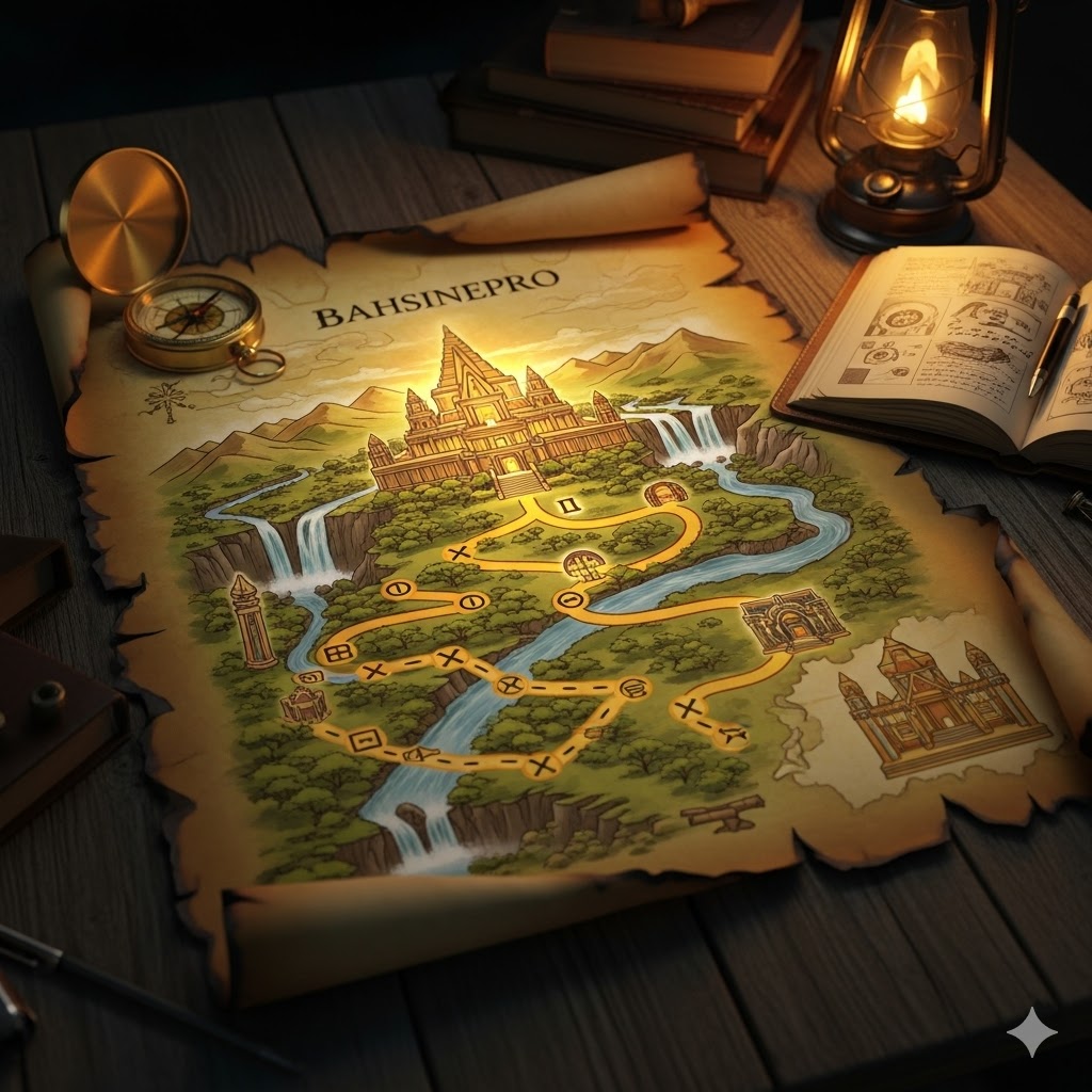 Bahsinepro resmi giriş adresine giden yolu gösteren antik hazine haritası, pusula ve diğer kaşif ekipmanları.