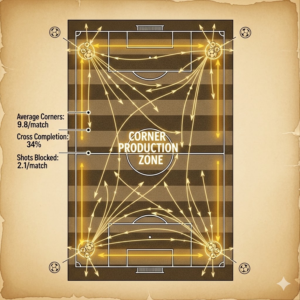 Bir futbol sahasının taktiksel şeması üzerinde, isabetli korner bahis taktikleri için yapılan detaylı analiz.