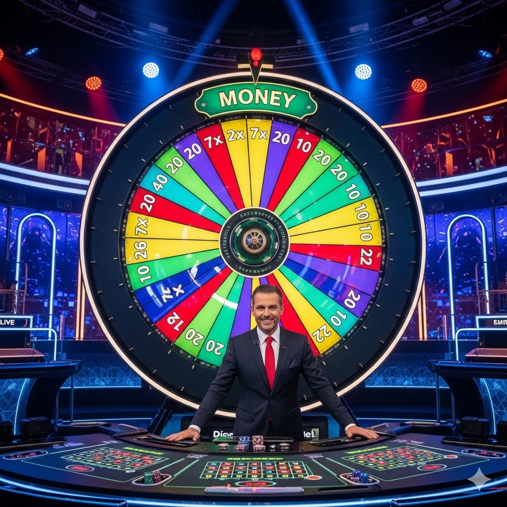 Canlı bir casino sunucusu, Çarkıfelek oyna para kazanma hayali kuran oyuncular için devasa para çarkını çevirerek şans dağıtıyor.