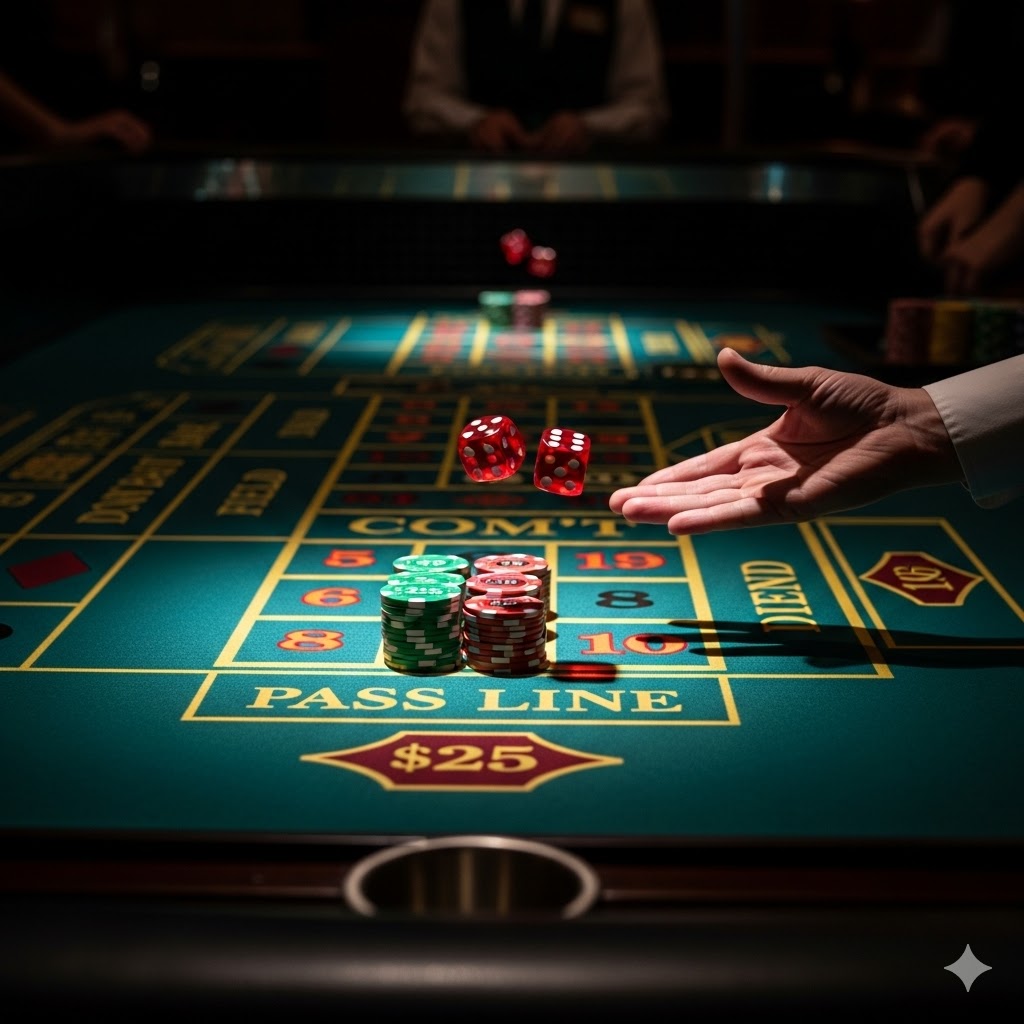Craps nasıl oynanır öğrenen ve oyundaki en temel ve akıllıca bahis olan 'Pass Line' üzerine odaklanan bir oyuncunun kritik atış anı.