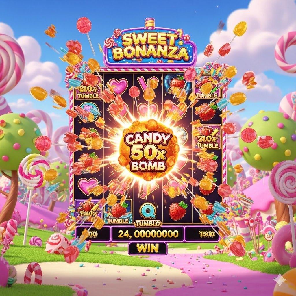 En popüler şeker temalı slot oyunları arasında yer alan Sweet Bonanza'da, 50x'lik bir çarpan bombası ile tetiklenen devasa bir kazanç ve sembol patlaması anı.