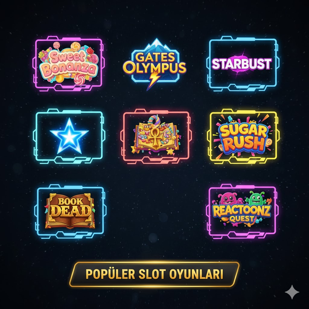 Farklı popüler slot oyunlarının logolarının (Sweet Bonanza, Gates of Olympus, Starburst vb.) bir kolajı. 