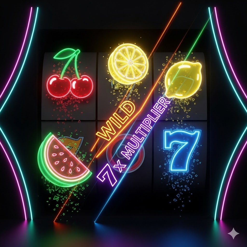 Meyveli slot oyunlarının nostaljik sembollerinin, modern Wild ve Çarpan gibi kazanç artıran özelliklerle buluştuğu dinamik bir görsel.