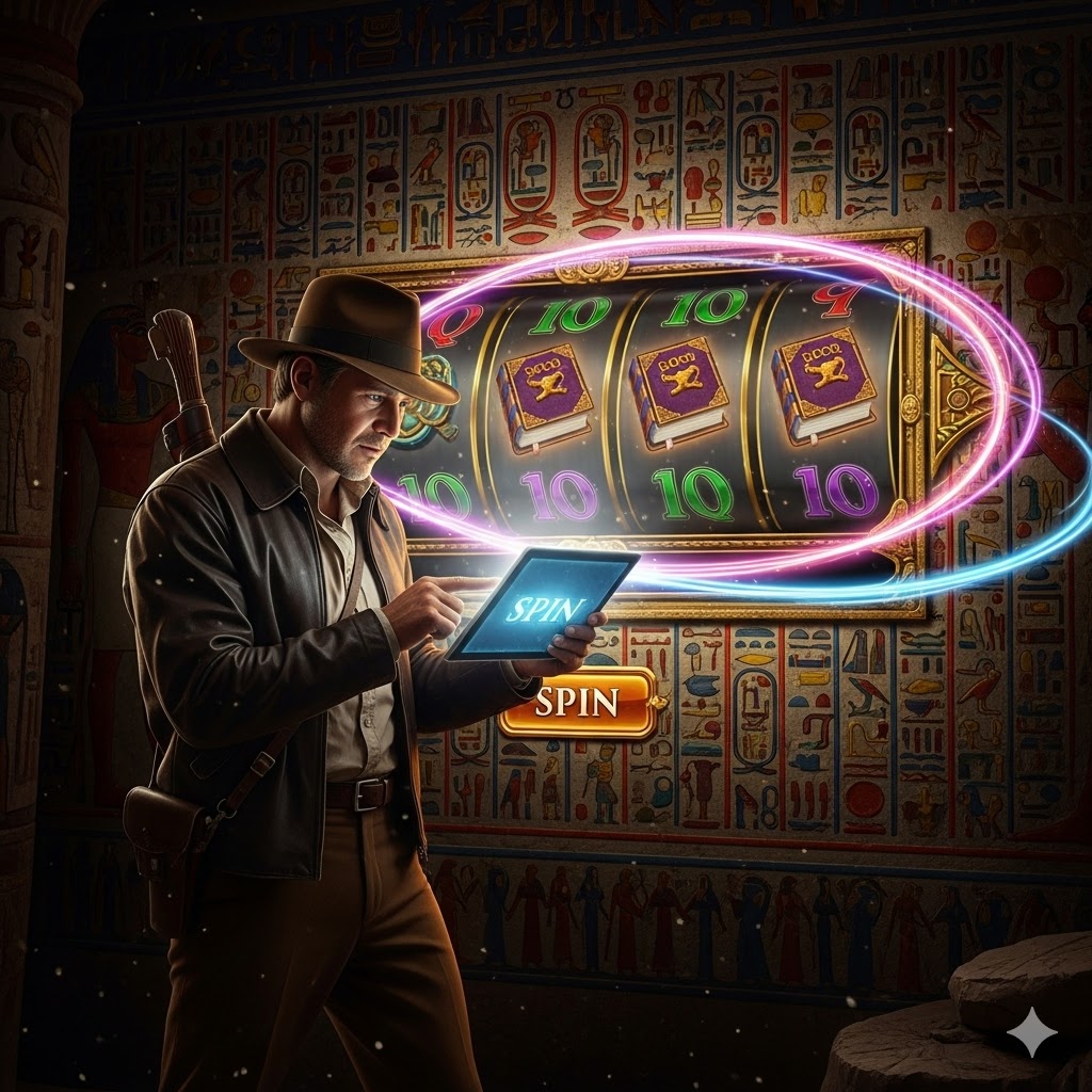 Modern bir maceracının, Mısır temalı slot oyunları aracılığıyla firavunların gizli hazinelerini ve büyük kazançlarını ortaya çıkarması.