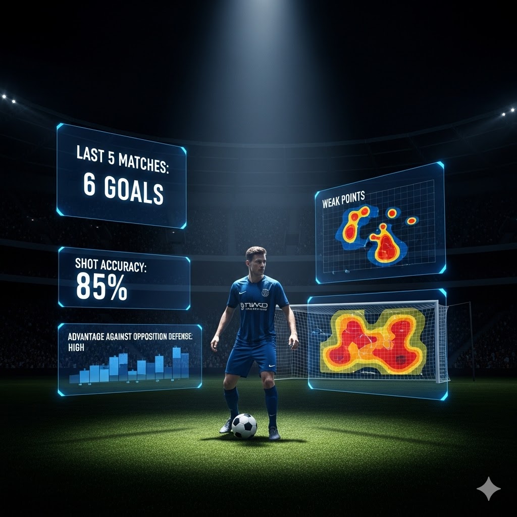 Oyuncu bahisleri nasıl yapılır sorusunun cevabı olarak, bir futbolcunun performansını ve istatistiklerini derinlemesine analiz eden bir bahis uzmanı.