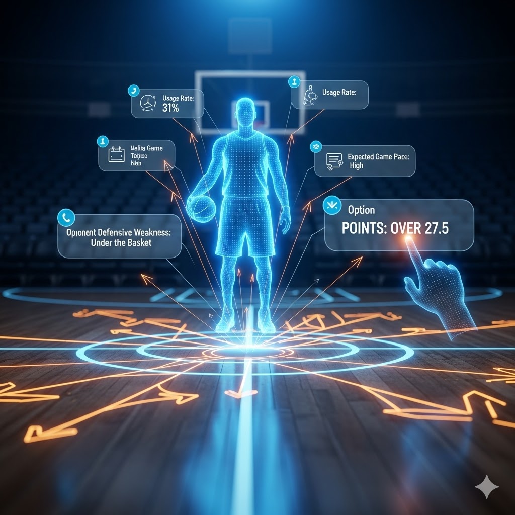 Profesyonel bir analist, isabetli oyuncu sayı bahisleri yapmak için bir basketbol yıldızının tüm istatistiklerini ve potansiyelini detaylıca inceliyor.