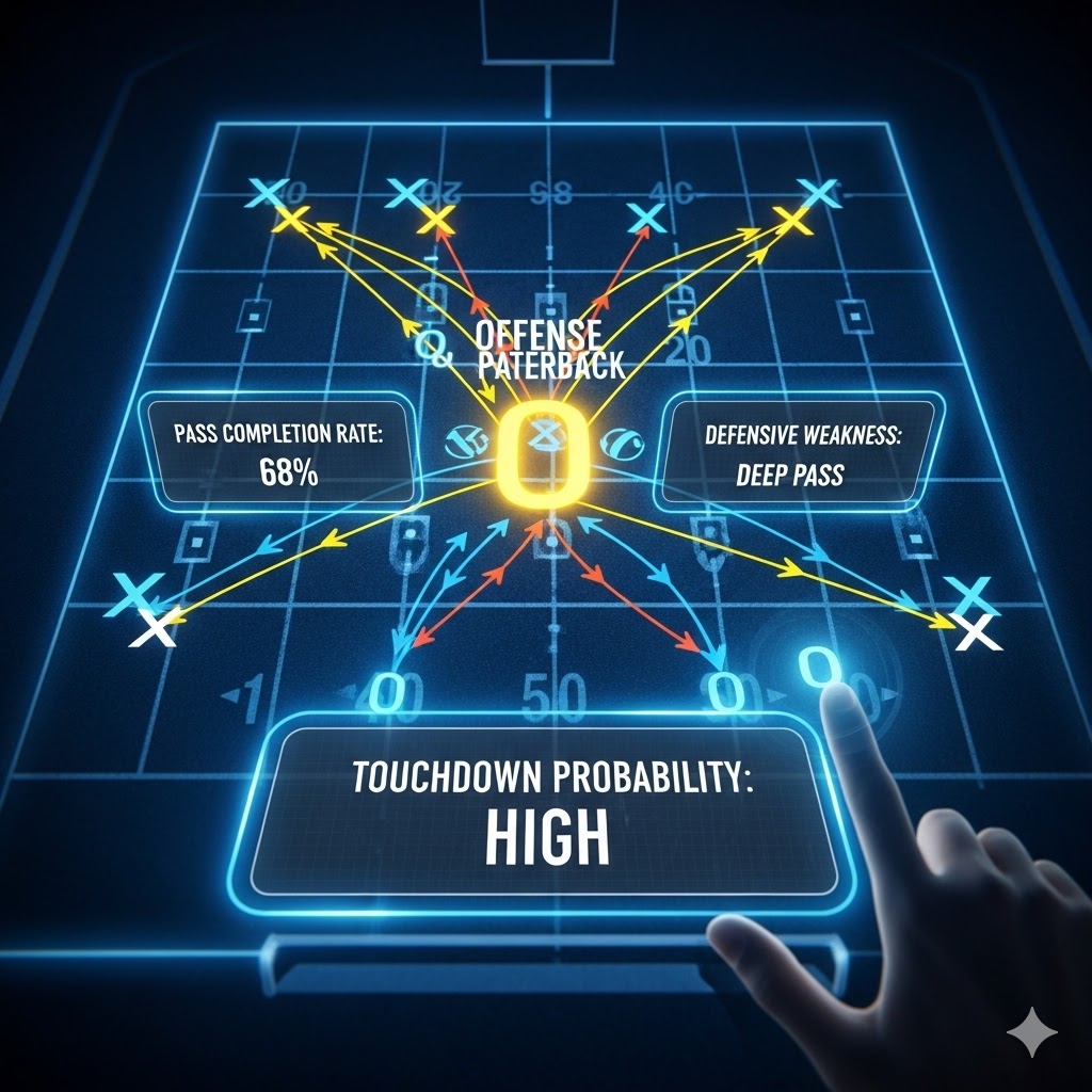 Profesyonel bir analistin, isabetli Amerikan futbolu bahisleri yapmak için dijital bir taktik tahtası üzerinde hücum stratejilerini incelediği an.