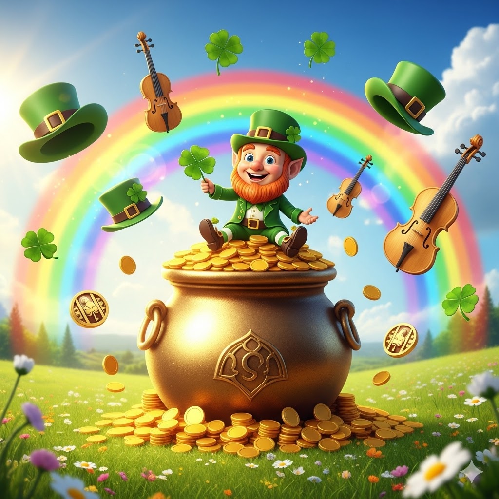 Şans getiren slot oyunları denince akla gelen İrlanda teması; bir cüce cin (Leprechaun) ve gökkuşağının sonundaki altın dolu efsanevi hazinesi.