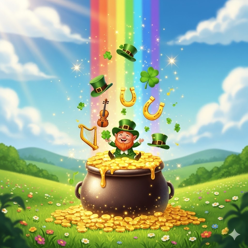 Şans getiren slot oyunları denince akla gelen İrlanda teması; bir cüce cin (Leprechaun) ve gökkuşağının sonundaki altın dolu efsanevi hazinesi.