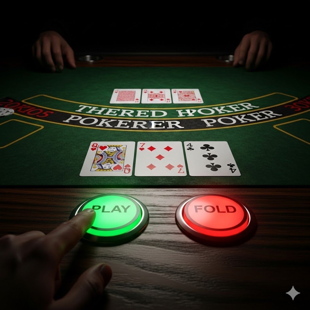 Three Card Poker nasıl oynanır bilen bir oyuncunun, Q-6-4 kuralına göre stratejik olarak 'Play' (Oyna) kararını verdiği an.