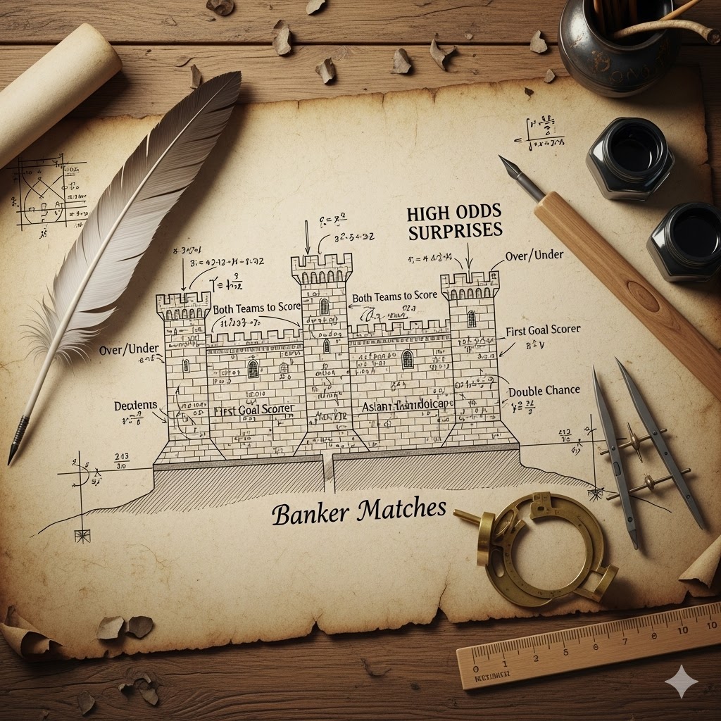 Usta bir mimarın gözünden, kombine kupon yapma taktikleri kullanılarak hazırlanmış stratejik bir bahis kuponunun mimari planı.