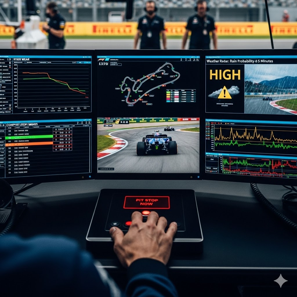 Uzman bir F1 stratejisti, pit duvarındaki telemetri verilerini inceleyerek isabetli Formula 1 bahisleri için en doğru kararı vermeye çalışıyor.