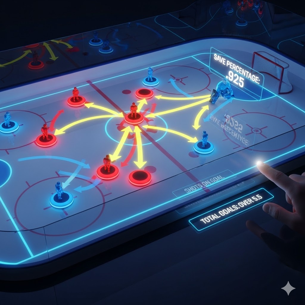 Uzman bir analist, isabetli buz hokeyi bahisleri yapmak için dijital bir taktik tahtası üzerinde, bir maçın 'Power Play' anını ve kritik istatistiklerini inceliyor.