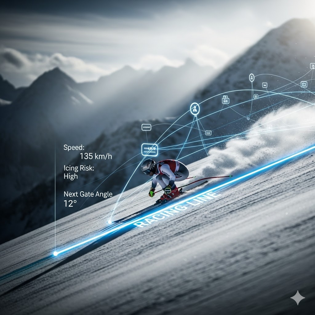 Uzman bir analist, kayak bahisleri nasıl yapılır sorusunun cevabı olarak, bir Alp disiplini kayakçısının ideal yarış çizgisini ve anlık performans verilerini inceliyor.