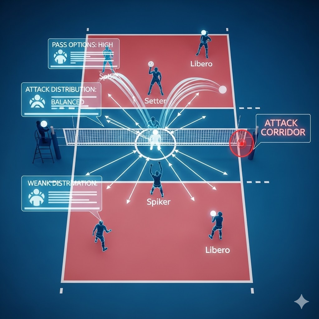 Uzman bir analist, voleybol bahisleri nasıl yapılır sorusunun cevabı olarak, dijital bir taktik tahtası üzerinde hücum setlerini ve takım stratejilerini inceliyor.