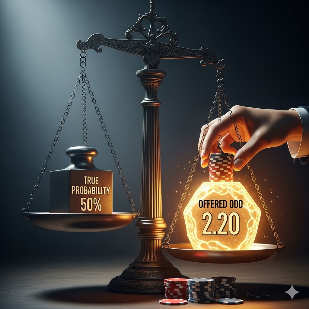 Value bet nedir sorusunun görsel açıklaması Bir bahsin gerçek olasılığından (%50) daha değerli bir oran (2.20) sunduğu anda ortaya çıkan matematiksel avantaj.