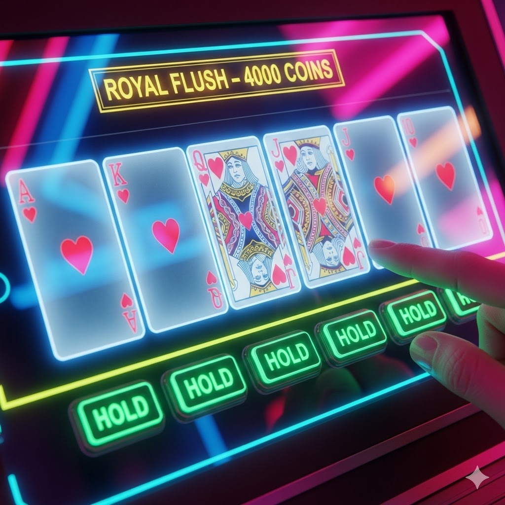 Video poker nasıl oynanır bilen ve doğru stratejiyi uygulayarak, oyundaki en büyük el olan Royal Flush'ı yakalayan oyuncu.
